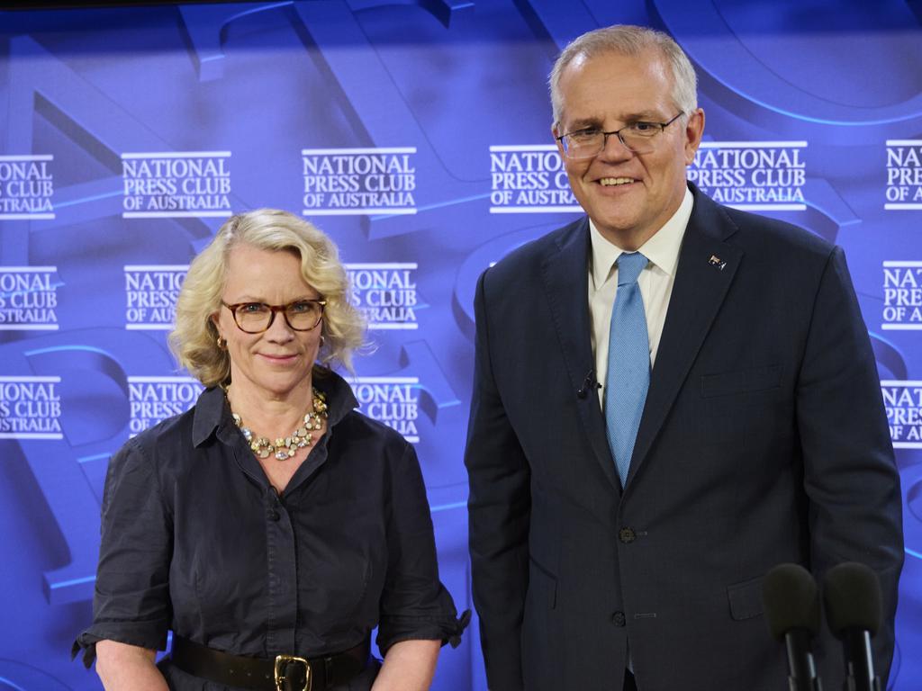 Laura Tingle and Scott Morrison after the PM’s National Press Club address. Picture: Rohan Thomson/Getty Images