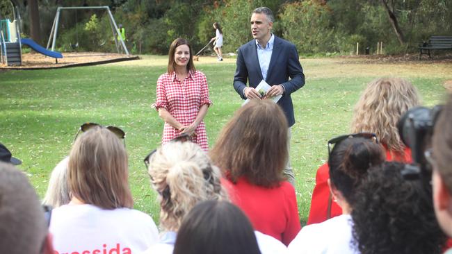 Dunstan candidate Cressida O’Hanlon with Premier Peter Malinauskas on Sunday. Picture: Dean Martin