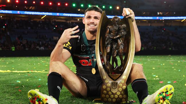 SYDNEY, AUSTRALIA - OCTOBER 01:  Nathan Cleary of the Panthers poses with the Provan-Summons Trophy after winning the 2023 NRL Grand Final match between Penrith Panthers and Brisbane Broncos at Accor Stadium on October 01, 2023 in Sydney, Australia. (Photo by Matt King/Getty Images)