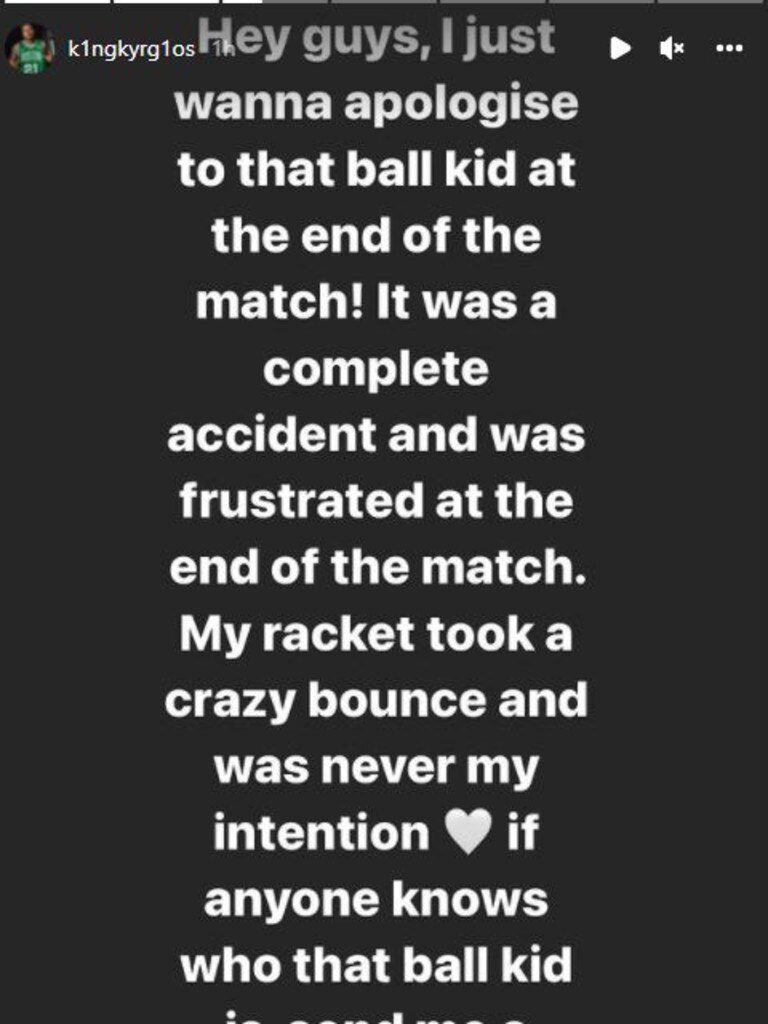 Nick Kyrgios apologised for nearly hitting the ballkid.