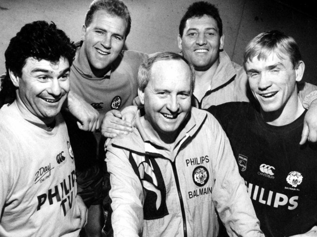 Alan Jones with Balmain Tigers players Ben Elias, Paul Sironen, Steve Roach and Garry Jack in 1992. Picture: Iain Gillespie.