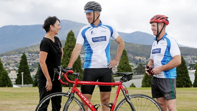 Diabetes Tasmania CEO Caroline Wells, Guy Barnett MP and Invictus Games power lifter and swimmer Jarrod Kent ahead of the 2019 Pollie Pedal fundraising event. Picture: PATRICK GEE