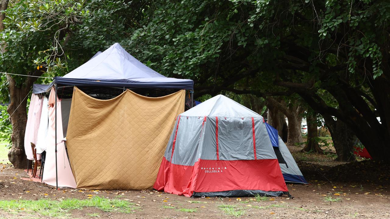 Tents in Musgrave Park in West End. Picture: Lachie Millard