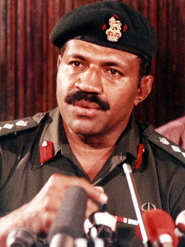 Then-Fijian Colonel Sitiveni Rabuka speaks to the media after the 1987 military coup in Fiji. Picture: File