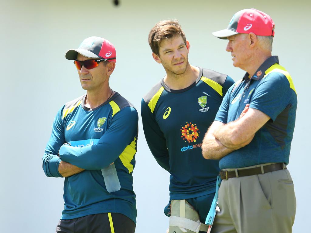 (L-R) Former coach Justin Langer, Tim Paine and Australian Selector Greg Chappell in 2009. Picture: Getty Images