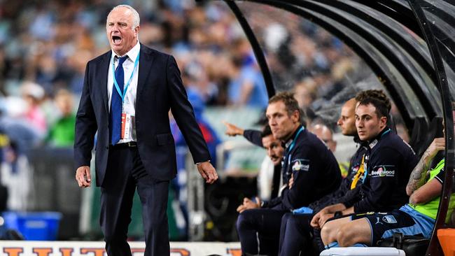 Sydney FC coach Graham Arnold yells instructions against Newcastle.