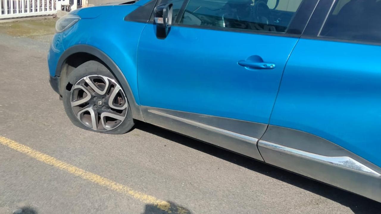 His car was found damaged and with a tyre blown out in Newtown on Monday, August 12. Photo: Supplied.