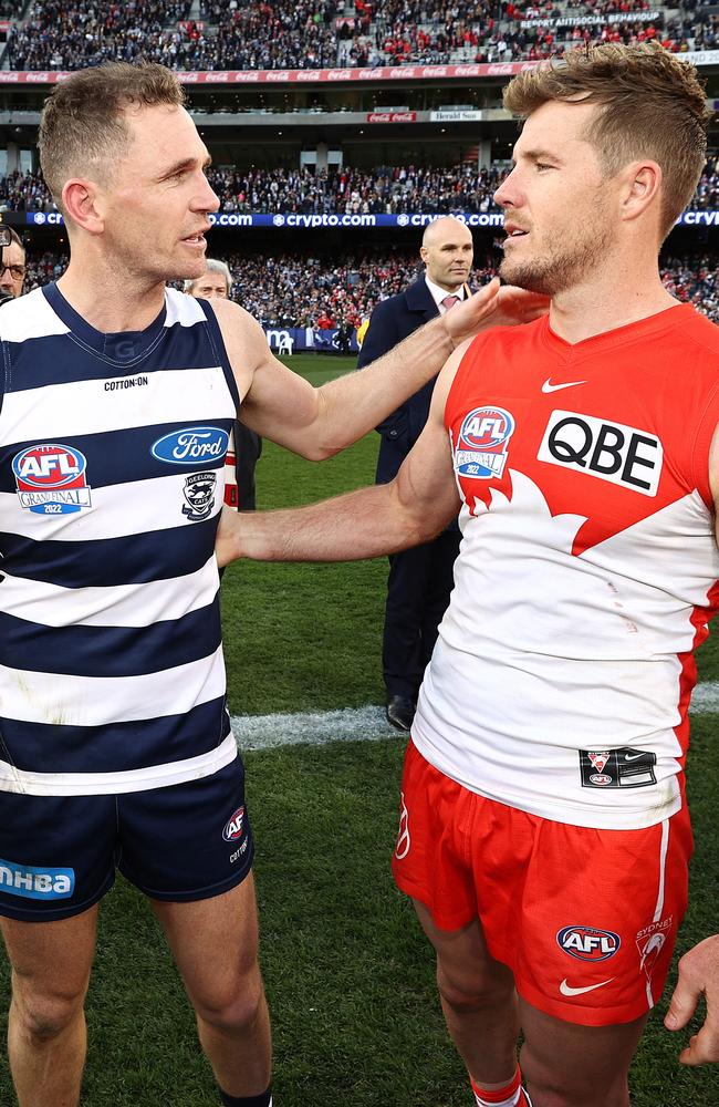 Parker with Selwood after Sydney’s 81-point loss in 2022. Picture: Michael Klein