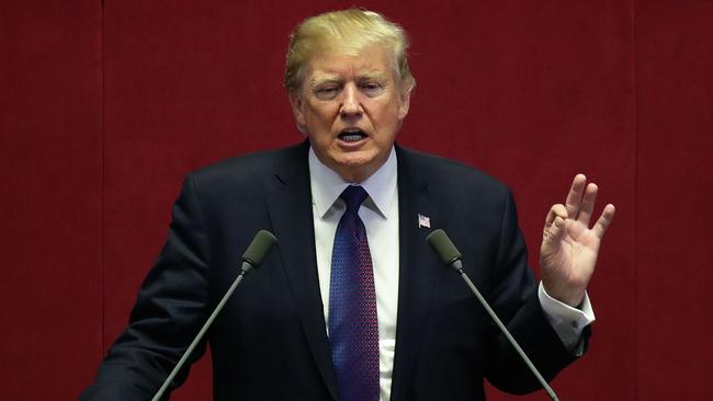 US President Donald Trump speaks at the National Assembly in Seoul, South Korea. Picture: Getty