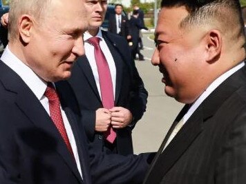 Vladimir Putin and Kim Jong-un shake hands as they meet in Tsiolkovsky. Picture: Supplied
