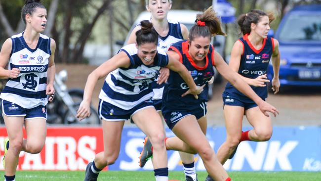 South Adelaide’s Cheyenne Hammond and Norwood's Jessica Macolino battle for the ball in the SANFLW. Picture: AAP/Brenton Edwards