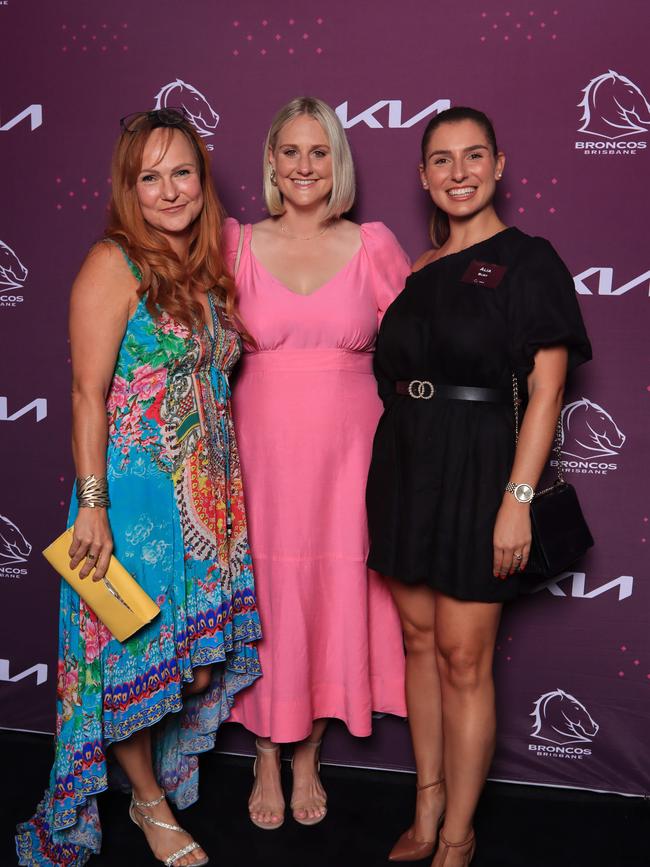 Alia Burt, Adrienne Stacey and Danica Bennett at the Brisbane Broncos’ season launch at Water’s Edge, Hamilton. Picture: David Clark