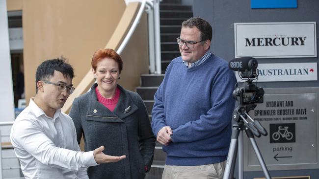 Mercury journalist Kenji Sato interviews Senator Pauline Hanson and One Nation Senate candidate Steve Mav at Hobart. Picture: Chris Kidd.