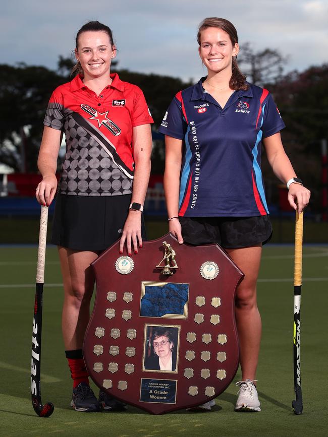 Souths' Caitlyn Whipp and Saints' Kayla Devlin will compete against each other in the Cairns Hockey Association A Grade Women's grand final match. PICTURE: BRENDAN RADKE