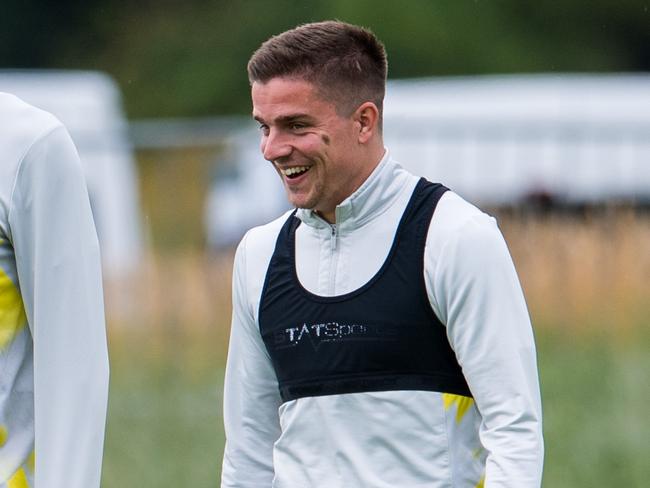 EDINBURGH, SCOTLAND - JULY 08: Nathaniel Atkinson (L), Kye Rowles and Cameron Devlin (R) during Hearts media access at the Oriam,  on July 28, 2022, in Edinburgh, Scotland.  (Photo by Ross Parker/SNS Group via Getty Images)