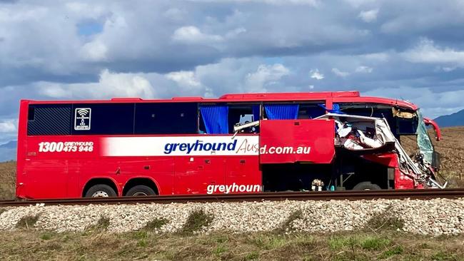 Three people were killed in a horrific crash between a bus and a car towing a caravan on the Bruce Highway near Gumlu, in Queensland’s Whitsundays region. Picture: Supplied