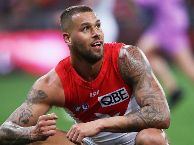 Sydney's Lance Franklin rides home a goal during the AFL Sydney Derby match between the GWS Giants and Sydney Swans at Spotless Stadium. Picture. Phil Hillyard