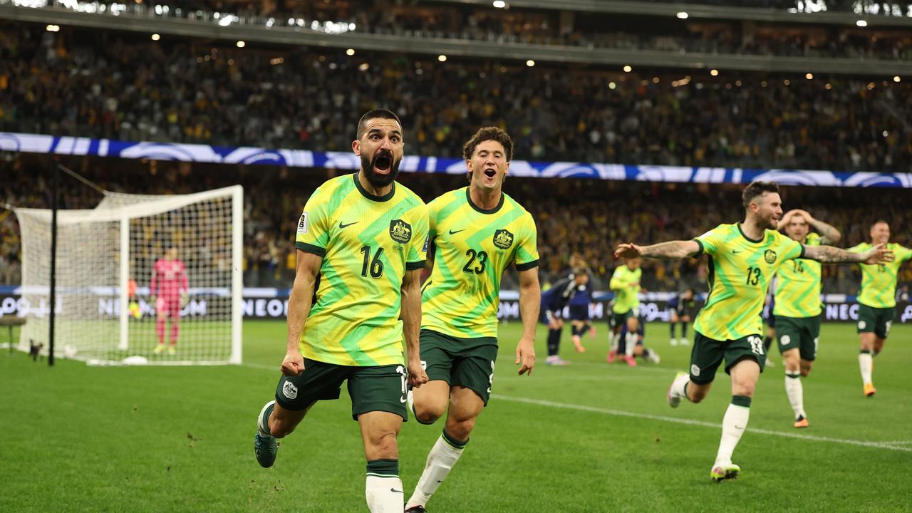 Aziz Behich celebrates the massive goal for Australia against Japan. (Photo by Robert Cianflone/Getty Images)