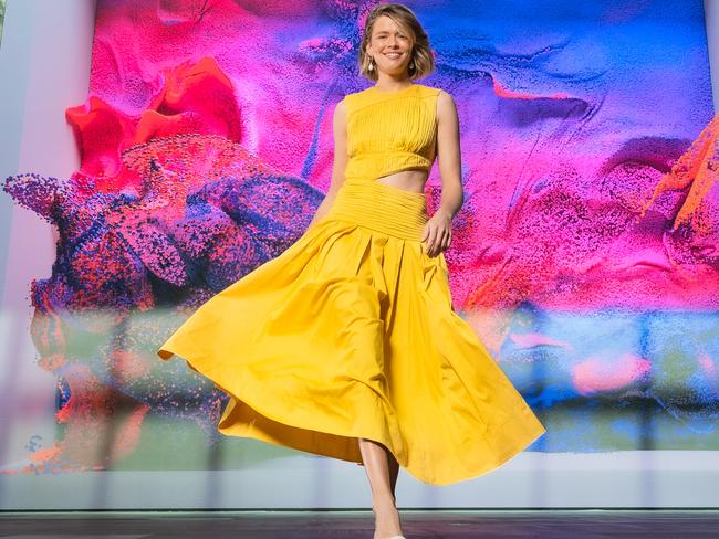 Recently returned home to Australia from New York model Victoria Lee at the NGV to highlight the fact the opening night parade of Melb Fashion Festival is going to be held there with Triennial exhibition.  Picture: Jason Edwards