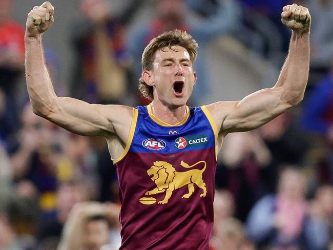 BRISBANE, AUSTRALIA - JUNE 28: Harris Andrews of the Lions celebrates following the 2024 AFL Round 16 match between the Brisbane Lions and the Melbourne Demons at The Gabba on June 28, 2024 in Brisbane, Australia. (Photo by Russell Freeman/AFL Photos via Getty Images)