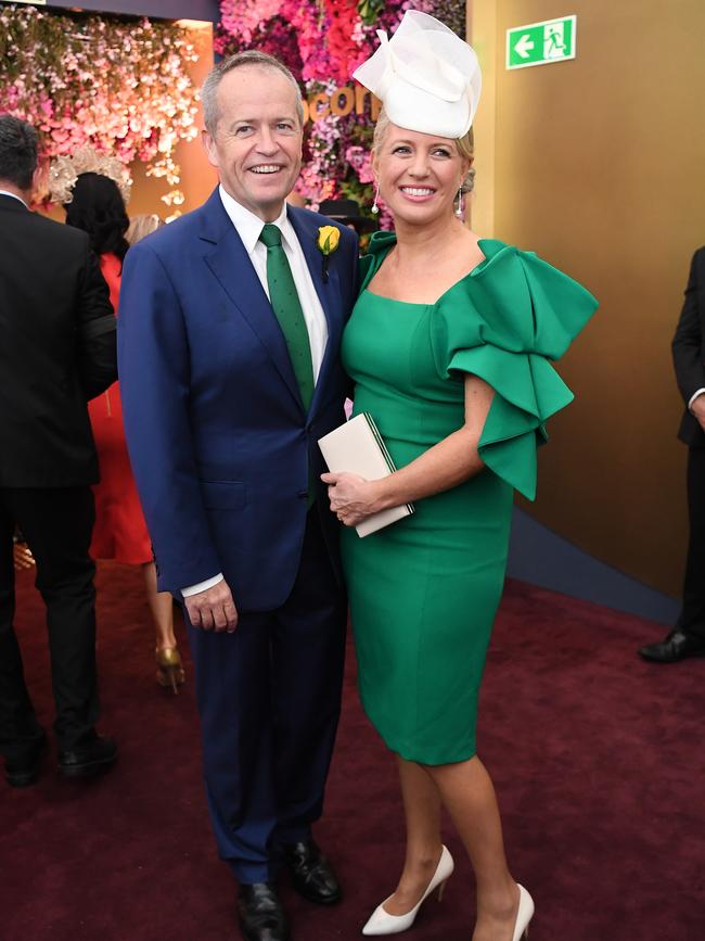 Bill Shorten and his wife Chloe Shorten in the TAB marquee at Melbourne Cup. Picture: AAP