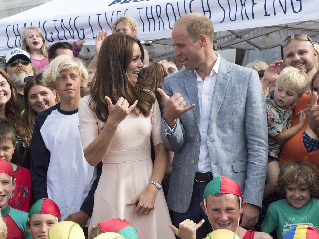 Catherine, Duchess of Cambridge and Prince William, Duke of Cambridge visit the work of the Wave Project on Newquay’s Towan Beach, an organisation that uses surfing as a tool to reduce anxiety in children and improve their mental wellbeing on September 1, 2016 in Newquay, United Kingdom. Picture: Getty