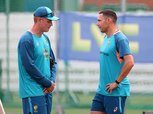 Australian coach Andrew McDonald speaks to Scott Boland. Picture: Ryan Pierse/Getty Images