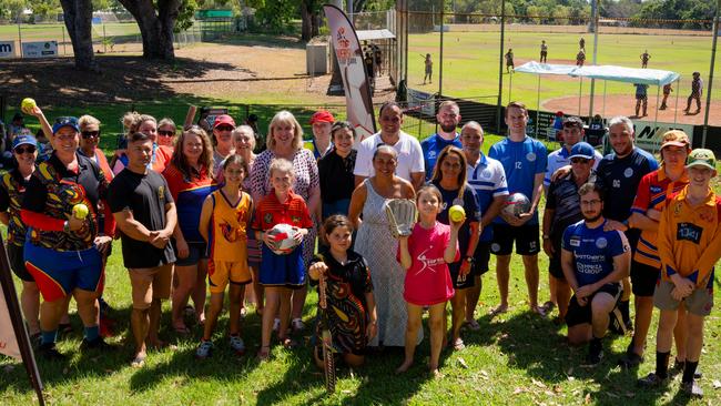 Chief Minister Eva Lawler and Sport Minister Kate Worden with members of the Tracy Village Sporting clubs. Picture: Supplied