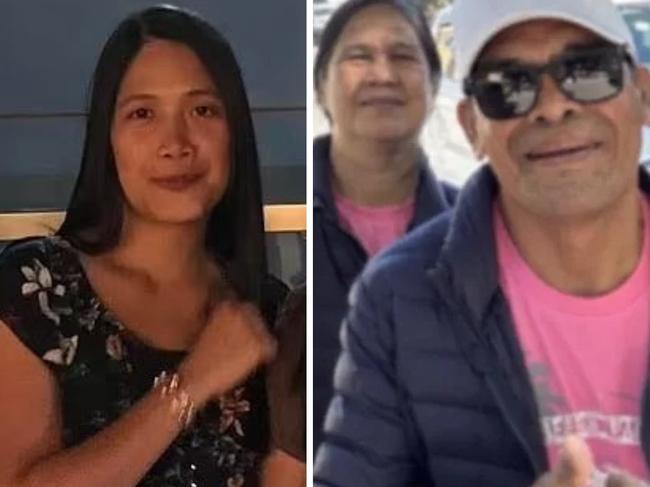 Mary Joy Estrada De La Cruz (left) was killed in a car crash alongside her mother. She was taking her parents (right) to see the home she was building with her husband, Edgar De La Cruz Jr, who remains in hospital. Picture: Facebook