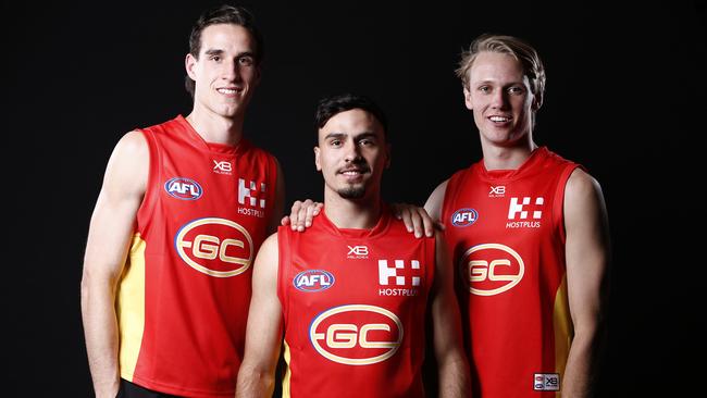 (L-R) Ben King, Jack Lukosius and Izak Rankine of the Suns pose for a photograph during the 2018 AFL Draft at Marvel Stadium in Melbourne, Australia, Thursday, November 22, 2018. Picture: AAP Image, Daniel Pockett.