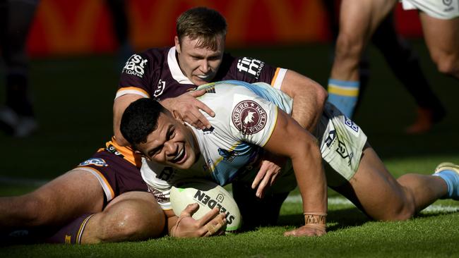 David Fifita scores against the Broncos. Picture: NRL Imagery