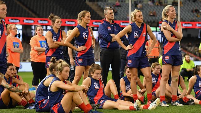 Dejected Diamond Creek players after losing to Darbin Falcons during the VFL Women's Grand Final. Picture: Andy Brownbill.