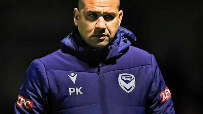 NEWCASTLE, AUSTRALIA - AUGUST 06: Victory coach Patrick Kisnorbo looks on during warm up ahead of the 2024 Australia Cup Round of 32 match between Lambton Jaffas FC and Melbourne Victory FC at Jack MacLaughlan Oval on August 06, 2024 in Newcastle, Australia. (Photo by Mark Evans/Getty Images)