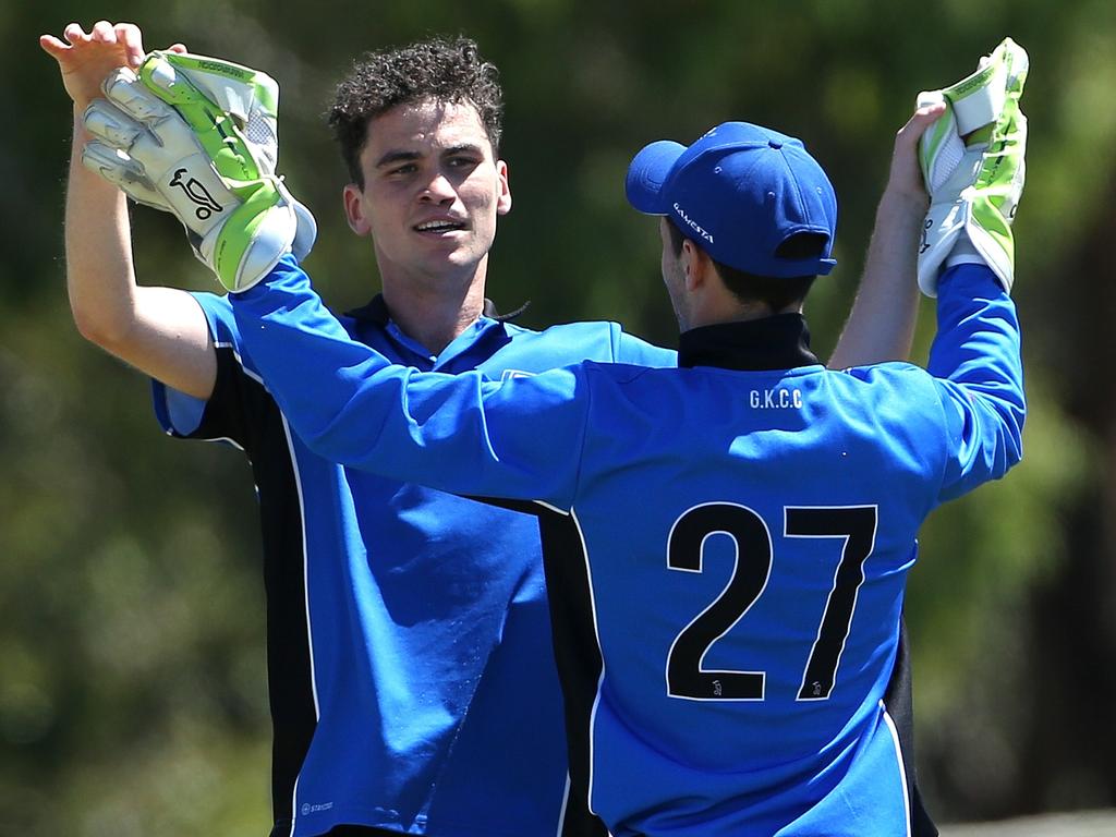 Premier - Sean McNicholl celebrates a wicket for Greenvale. Picture: Hamish Blair