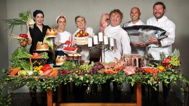 Melbourne chefs Shannon Martinez, Lisa Valmorbida, Kirsty Chiaplias, Adrian Richardson, Shane Delia and Scott Pickett at Matilda in South Yarra. Picture: David Caird