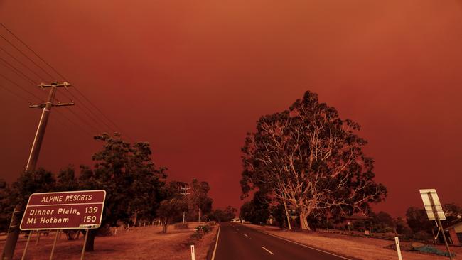 The sky turns red from the fires in Omeo on January 04. Picture: Getty