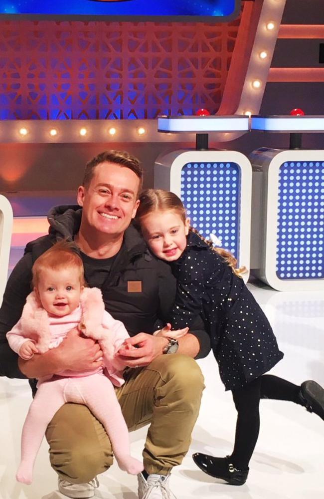 Grant Denyer's children Sailor and Scout on the set of Family Feud. Picture: Channel 10