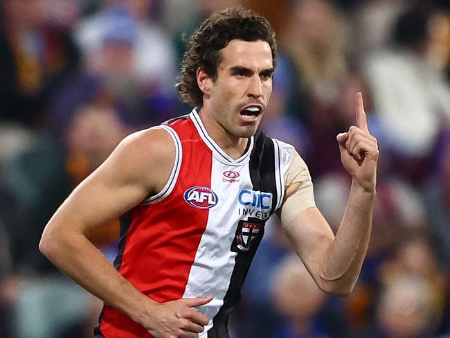 BRISBANE, AUSTRALIA - JUNE 14: Max King of the Saints celebrates a goal during the round 14 AFL match between Brisbane Lions and St Kilda Saints at The Gabba, on June 14, 2024, in Brisbane, Australia. (Photo by Chris Hyde/AFL Photos/via Getty Images)