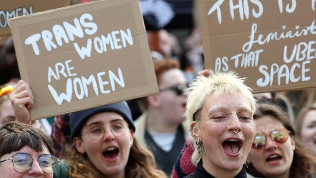 Transgender rights activists hold a protest earlier this month against the Supreme Court ruling on the definition of a woman in Edinburgh, Scotland.