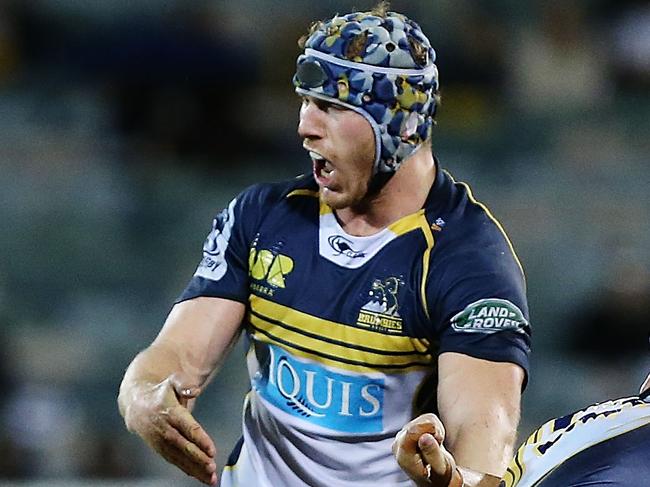 CANBERRA, AUSTRALIA - APRIL 18: David Pocock of the Brumbies appeals to the referee during the round 10 Super Rugby match between the Brumbies and the Rebels at GIO Stadium on April 18, 2015 in Canberra, Australia. (Photo by Stefan Postles/Getty Images)