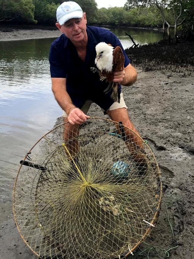 Rowley Goonan from Wild Bird Rescues Gold Coast with the brahminy kite. Picture: Wild Bird Rescues Gold Coast