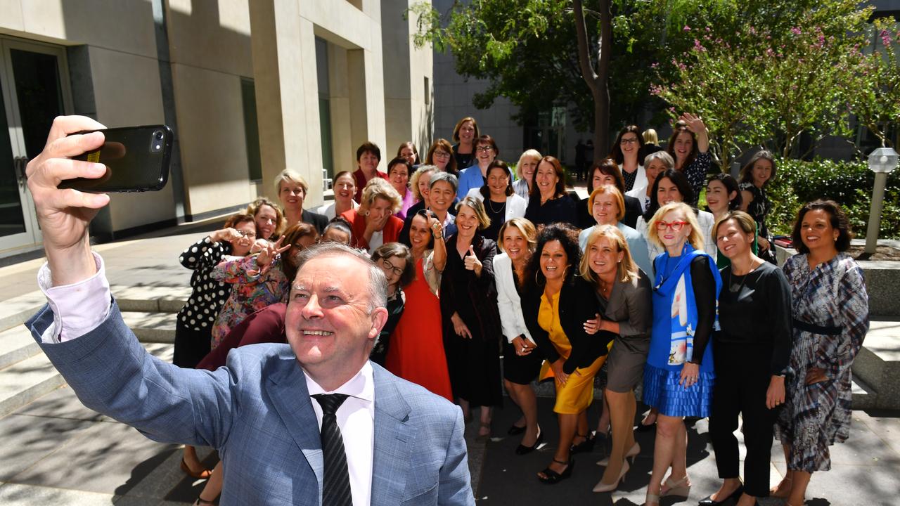 Leader of the Opposition Anthony Albanese takes a selfie with the women in the Labor caucus in 2020. Picture: Mick Tsikas / AAP