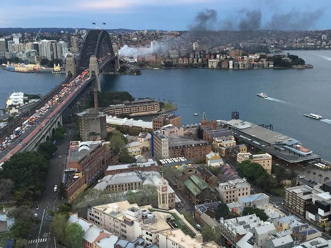 Smoke seen from a bus blaze on the Sydney Harbour Bridge.