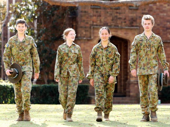 Trinity Grammar School Cadets (L-R) Nicholas Field 14, Louisa Moffatt 13 and Adelaide Loane 13 from Meriden Anglican School for Girls, and Hamish Agnew 15. Picture: Tim Hunter.