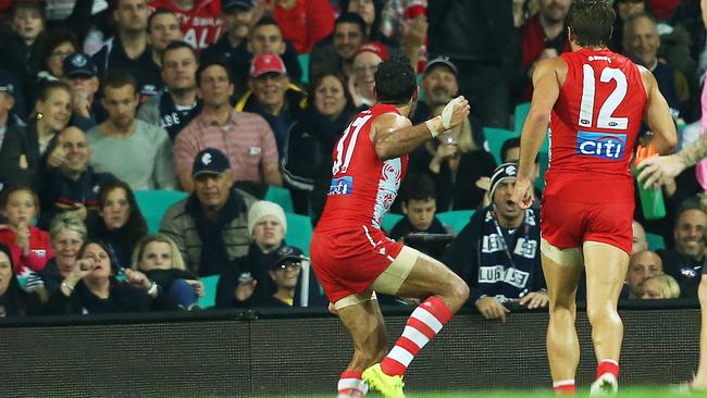 Adam Goodes performing his war dance against Carlton in 2015. Picture: [hil Hillyard