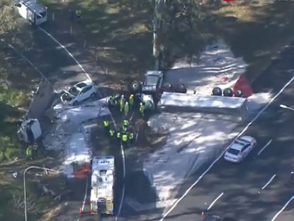 It’s expected to be several hours before an intersection is reopened following a multi-vehicle accident Bald Hills. Picture:" Seven News