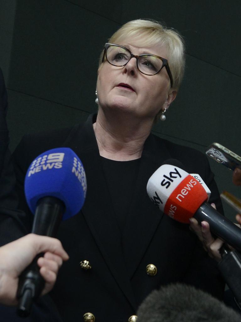 Senator Linda Reynolds speaks to the media as she leaves the Supreme Court for a defamation trial against her former staffer Brittany Higgins in Perth Picture: NewsWire / Sharon Smith