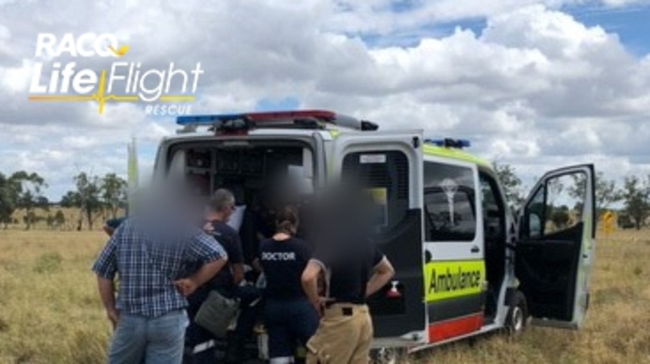 The Toowoomba-based RACQ LifeFlight Rescue crew has flown a pilot to hospital, after he was injured in a helicopter crash, in the Western Downs on January 27, 2022. Picture: RACQ LifeFlight