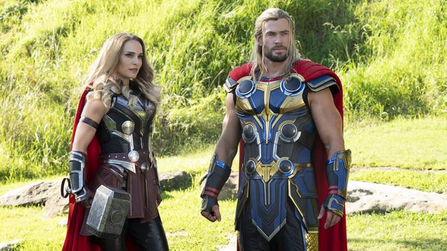 Hemsworth on the set of Thor: Love and Thunder with Natalie Portman.