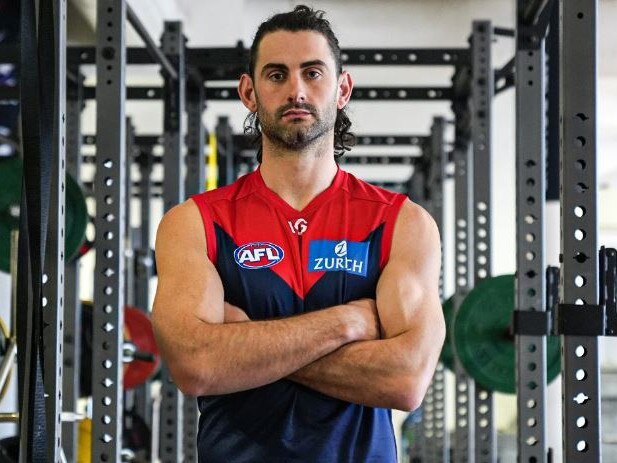 Brodie Grundy tries on his new colours at Melbourne.